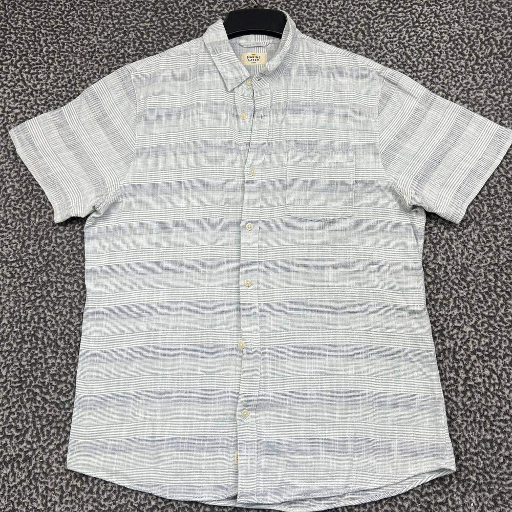 Marine Layer Button Up Shirt Men Large Blue White Striped Short Sleeve L